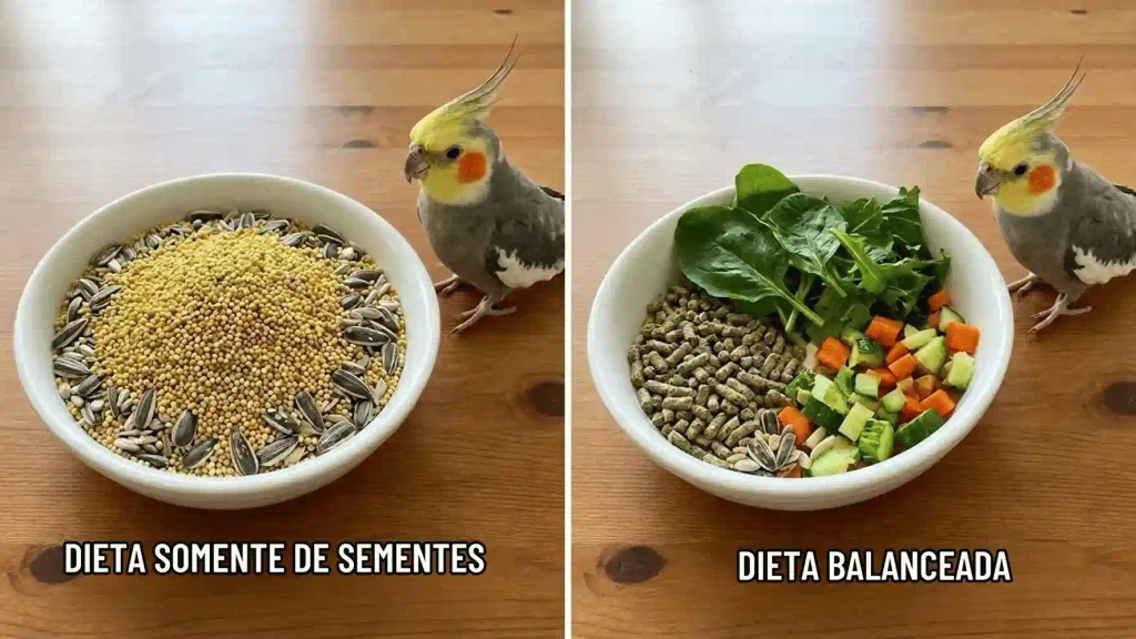 Comparação entre dieta só de sementes e dieta balanceada para calopsita
