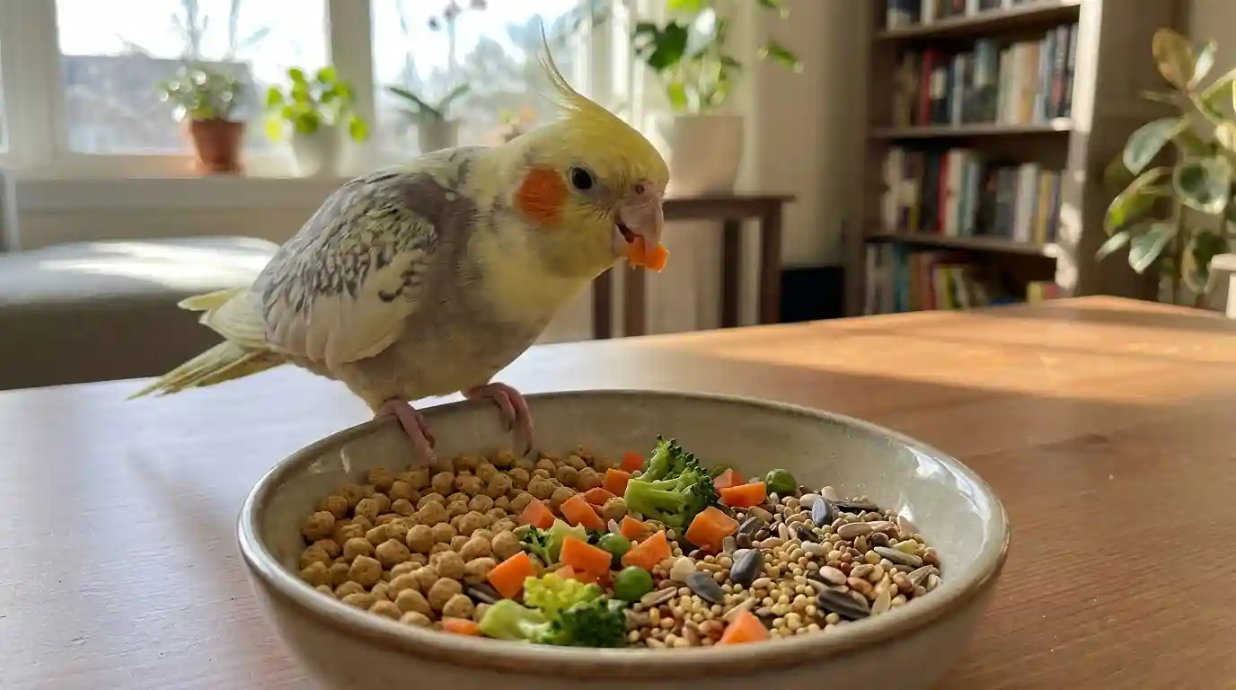 Pote de alimentação de calopsita com ração extrusada, legumes picados e sementes