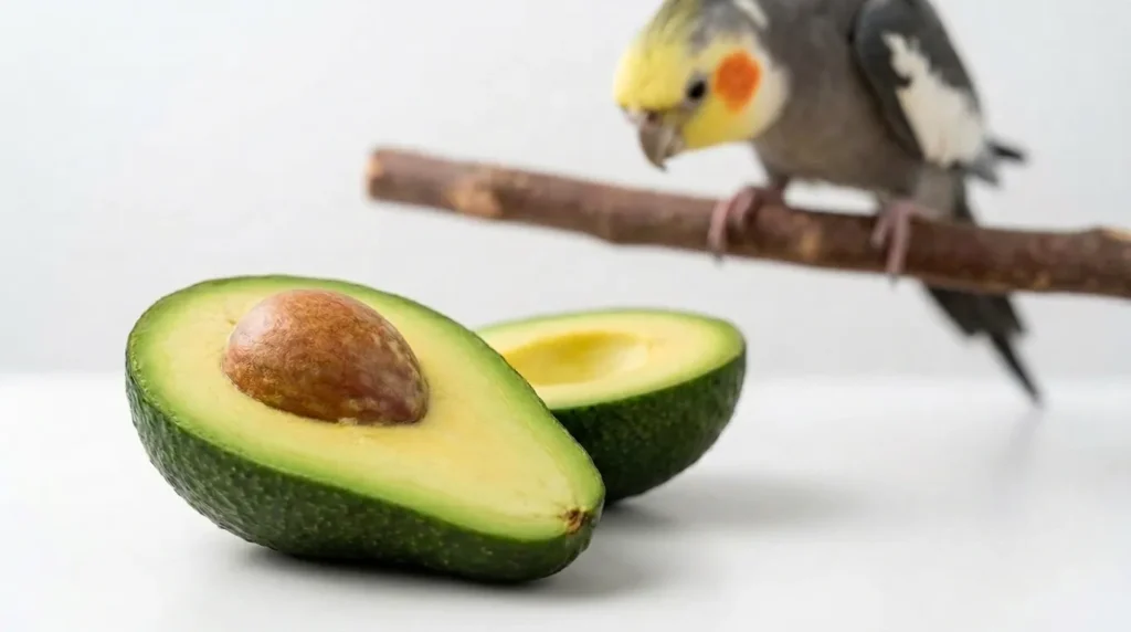 Abacate cortado ao meio identificado como fruta proibida para calopsitas