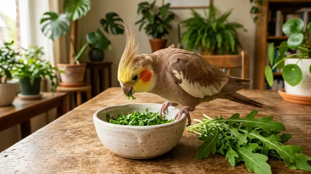 calopsita canela comendo couve-manteiga picada, com rúcula ao lado