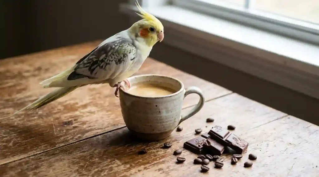 Calopsita pousada em xícara de café, com chocolate e grãos de café na mesa