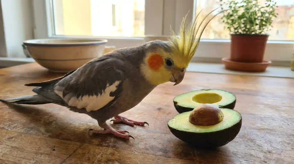 Calopsita ao lado de um abacate cortado, alimento tóxico para aves