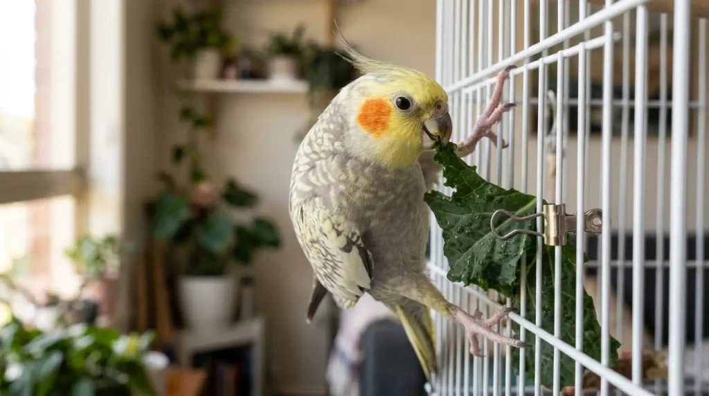 calopsita pérola comendo folha de couve presa na grade da gaiola