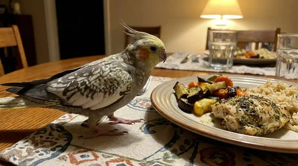 Calopsita perto de prato de comida temperada, impróprio para a ave