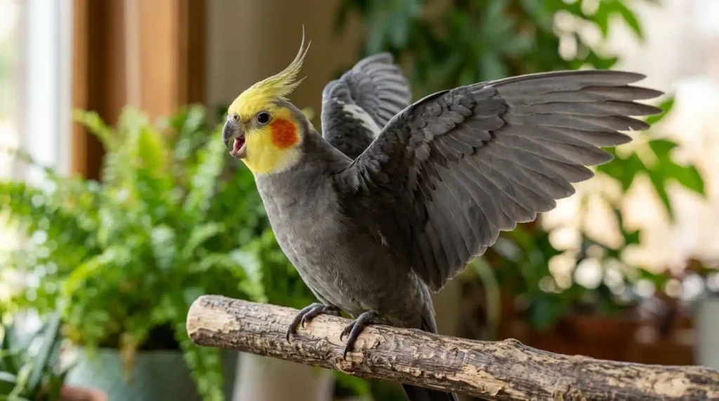 alopsita macho abrindo as asas em forma de coração durante o canto
