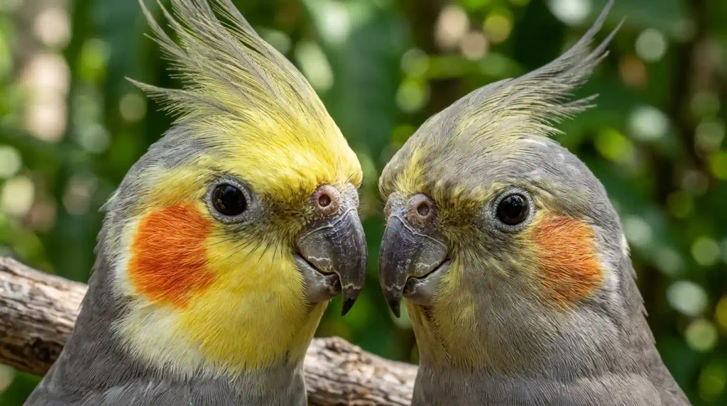 como saber se a calopsita é macho ou fêmea pelo rosto, com o macho amarelo e a fêmea acinzentada