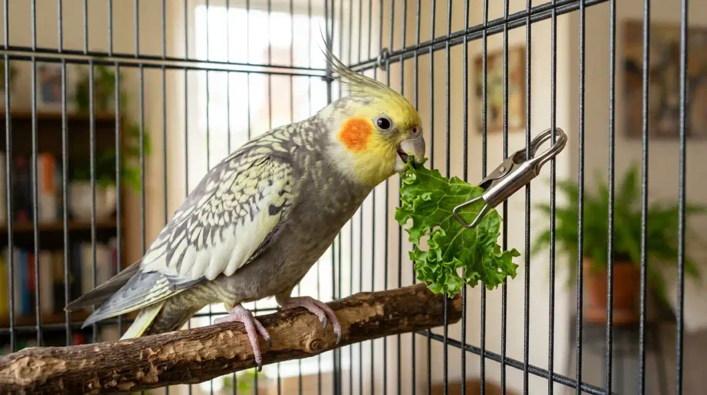 calopsita pode comer alface: calopsita pérola comendo alface-crespa presa na grade
