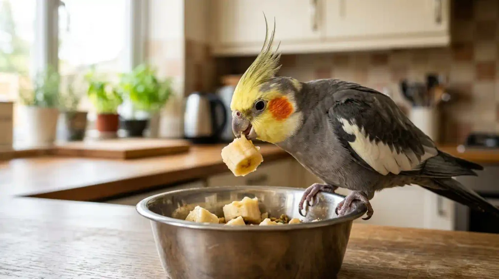 calopsita pode comer banana em cubinho pequeno, como este no pote de inox.