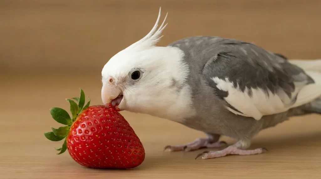 Calopsita comendo um morango