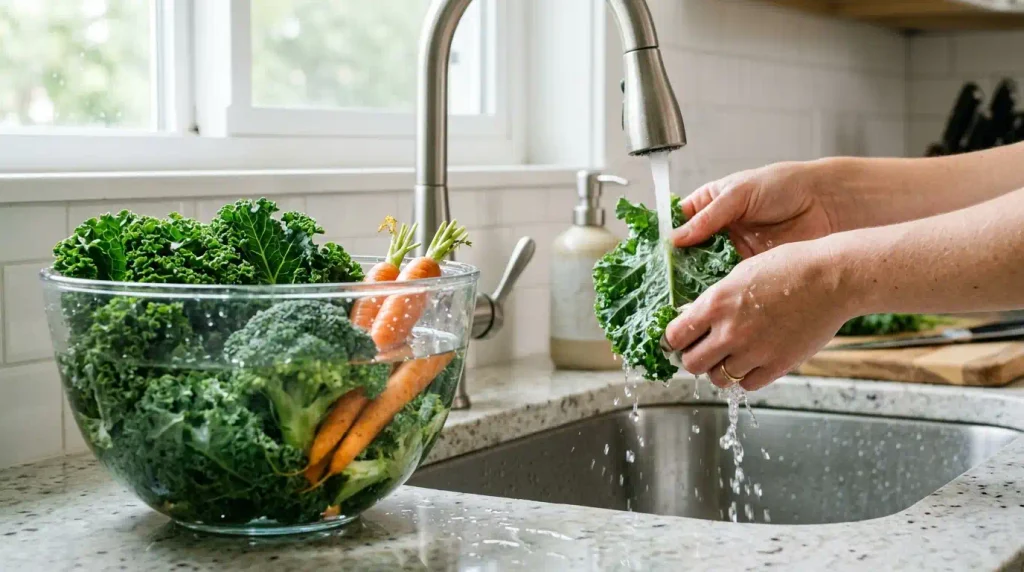 verduras e legumes de molho em tigela de vidro para higienização