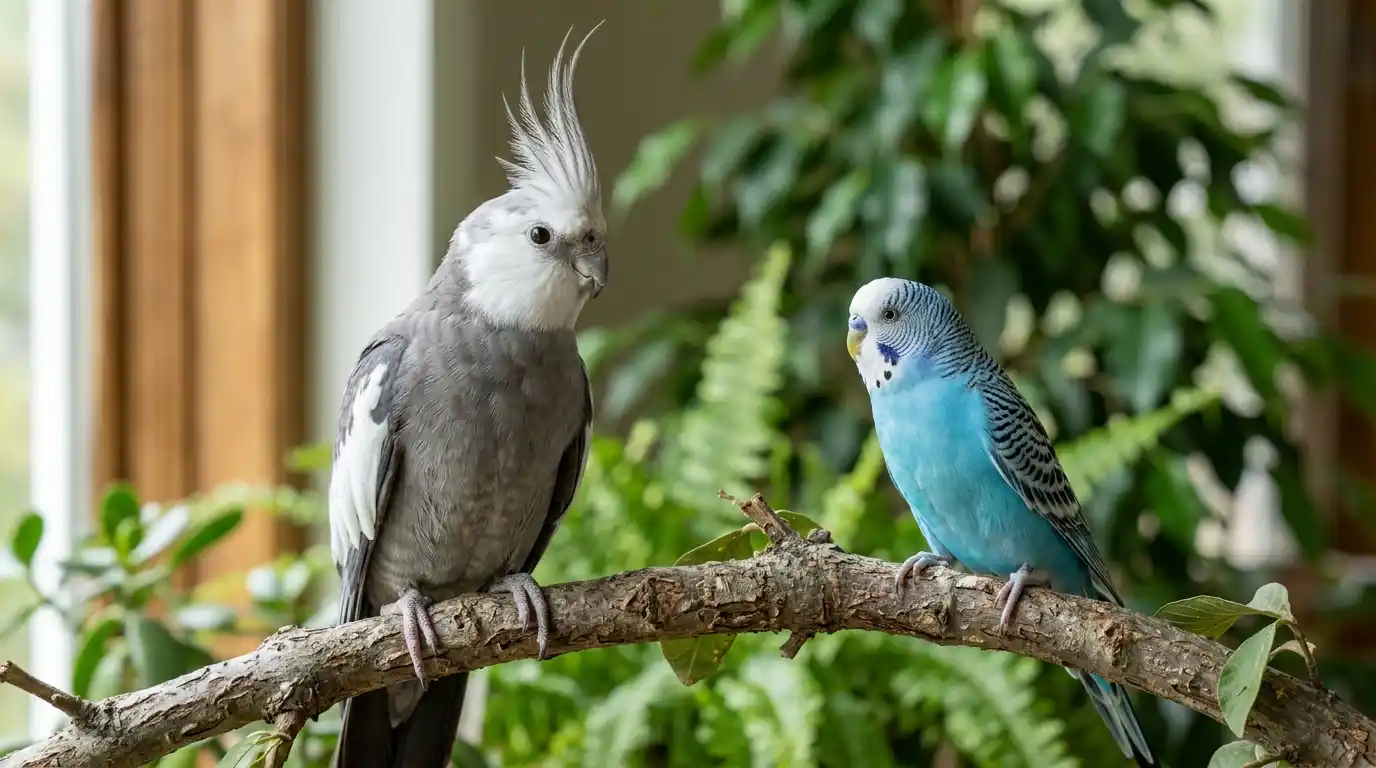 Calopsita cara-branca (cinza e branca) ao lado de um periquito australiano azul, no mesmo galho. Contraste que explica a confusão numa imagem só.
