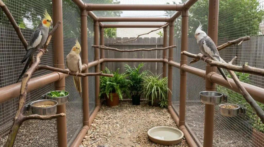 interior de viveiro de calopsita com poleiros nas pontas e espaço livre para voo
