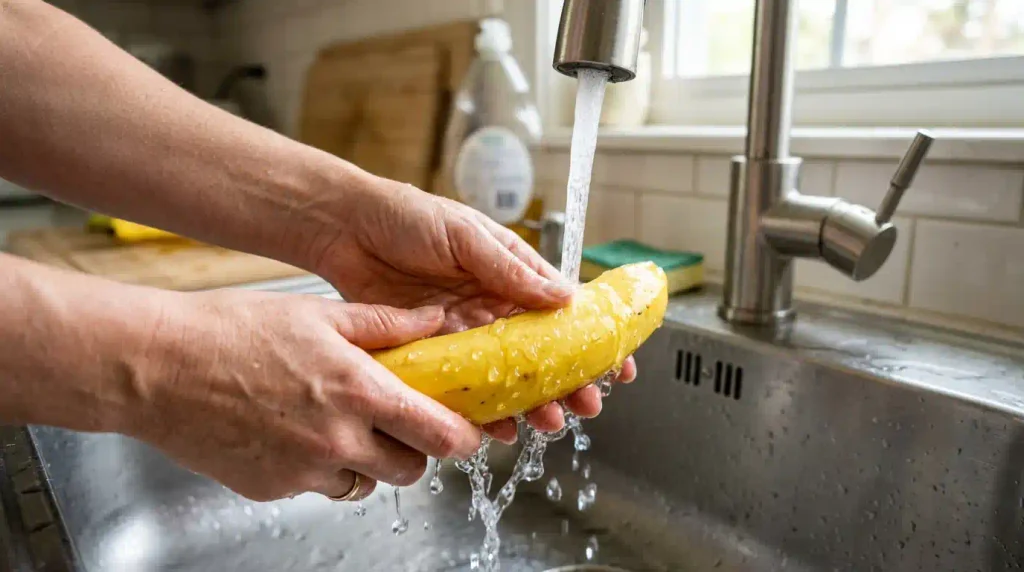 banana sendo lavada em água corrente antes de descascar
