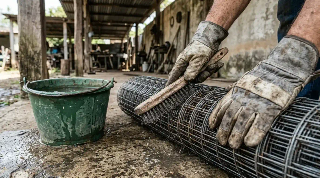 limpeza da tela galvanizada antes de montar o viveiro da calopsita
