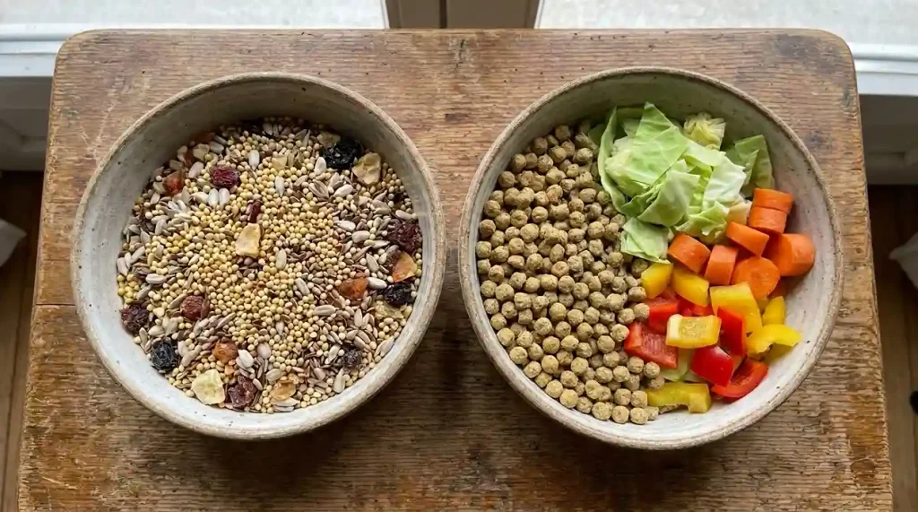 Mistura de sementes ao lado de ração extrusada com legumes para calopsita