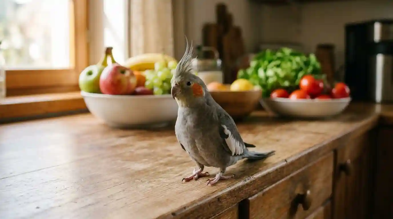 calopsita cinza pousada na borda de uma bancada de cozinha