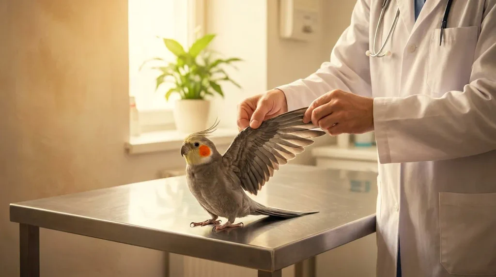 veterinária de aves examinando a asa de uma calopsita cinza antes de avaliar o aparo de penas