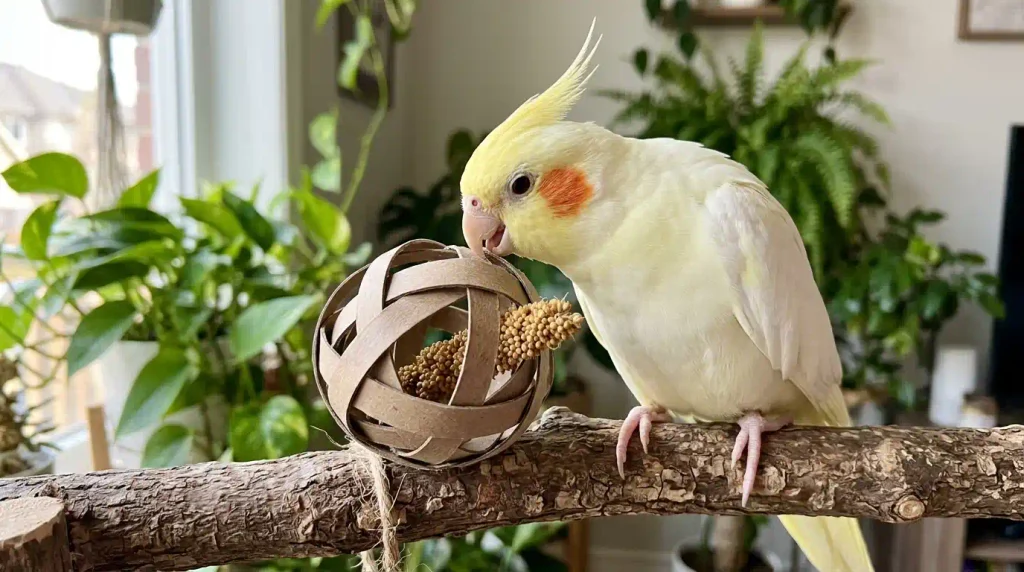 bola de rolo de papel higiênico, brinquedo caseiro para calopsita