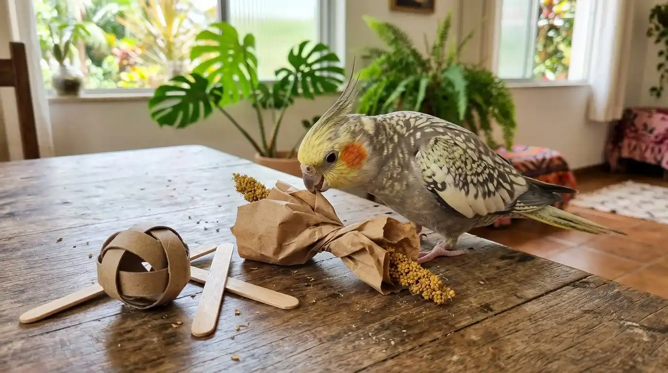 calopsita abrindo brinquedo caseiro de papel pardo com petisco dentro