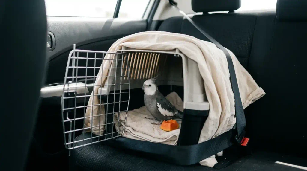 calopsita doente na caixa de transporte a caminho do veterinário