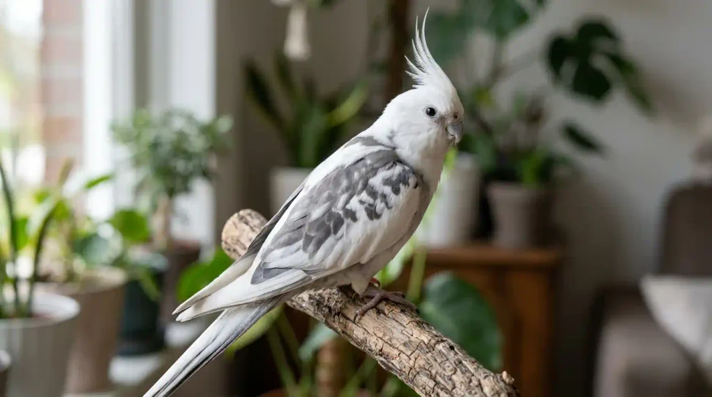 calopsita arlequim cara-branca com manchas cinza sobre fundo branco