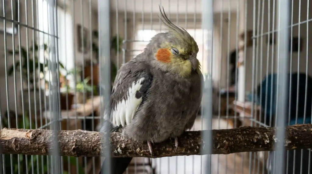 calopsita doente arrepiada e sonolenta no poleiro