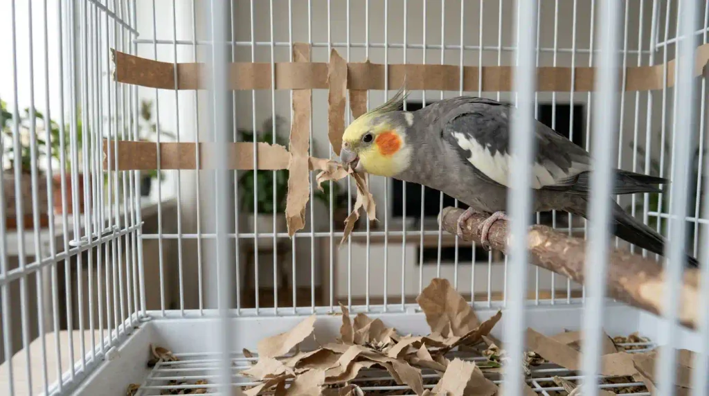 calopsita brincando com tiras de papel pardo, um brinquedo caseiro simples