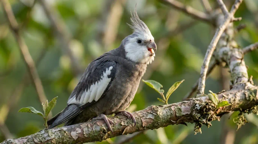 alopsita macho cara-branca cantando no poleiro de galho natural
