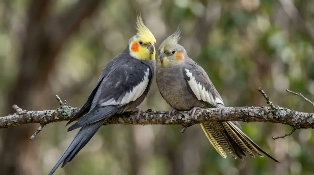 casal de calopsitas macho e fêmea lado a lado no poleiro