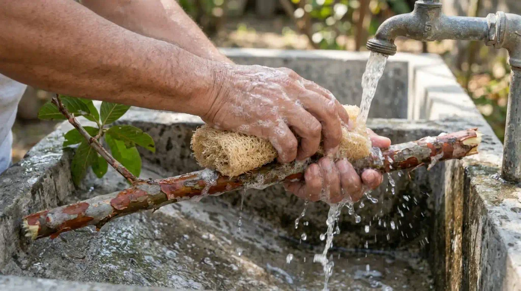 limpeza de galho natural com bucha e sabão neutro antes de virar poleiro de calopsita
