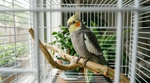 calopsita pousada em poleiro natural de galho de goiabeira