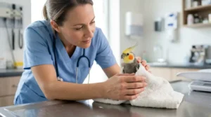 calopsita doente sendo examinada por veterinária de aves