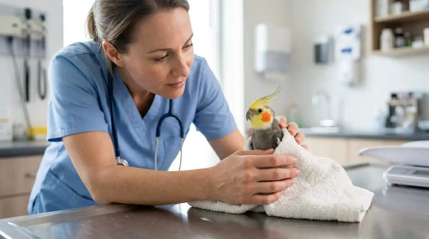 calopsita doente sendo examinada por veterinária de aves